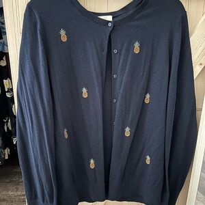 LOFT Navy Cardigan with Pineapple Embroidery